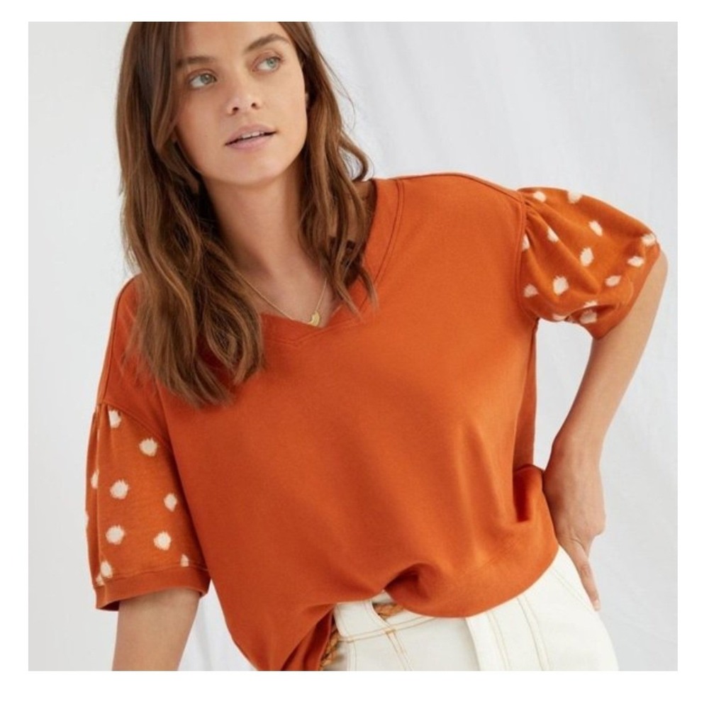 Anthropologie Daily Practice Orange Polka‎ Dot Puff Sleeve V-Neck Top- XS